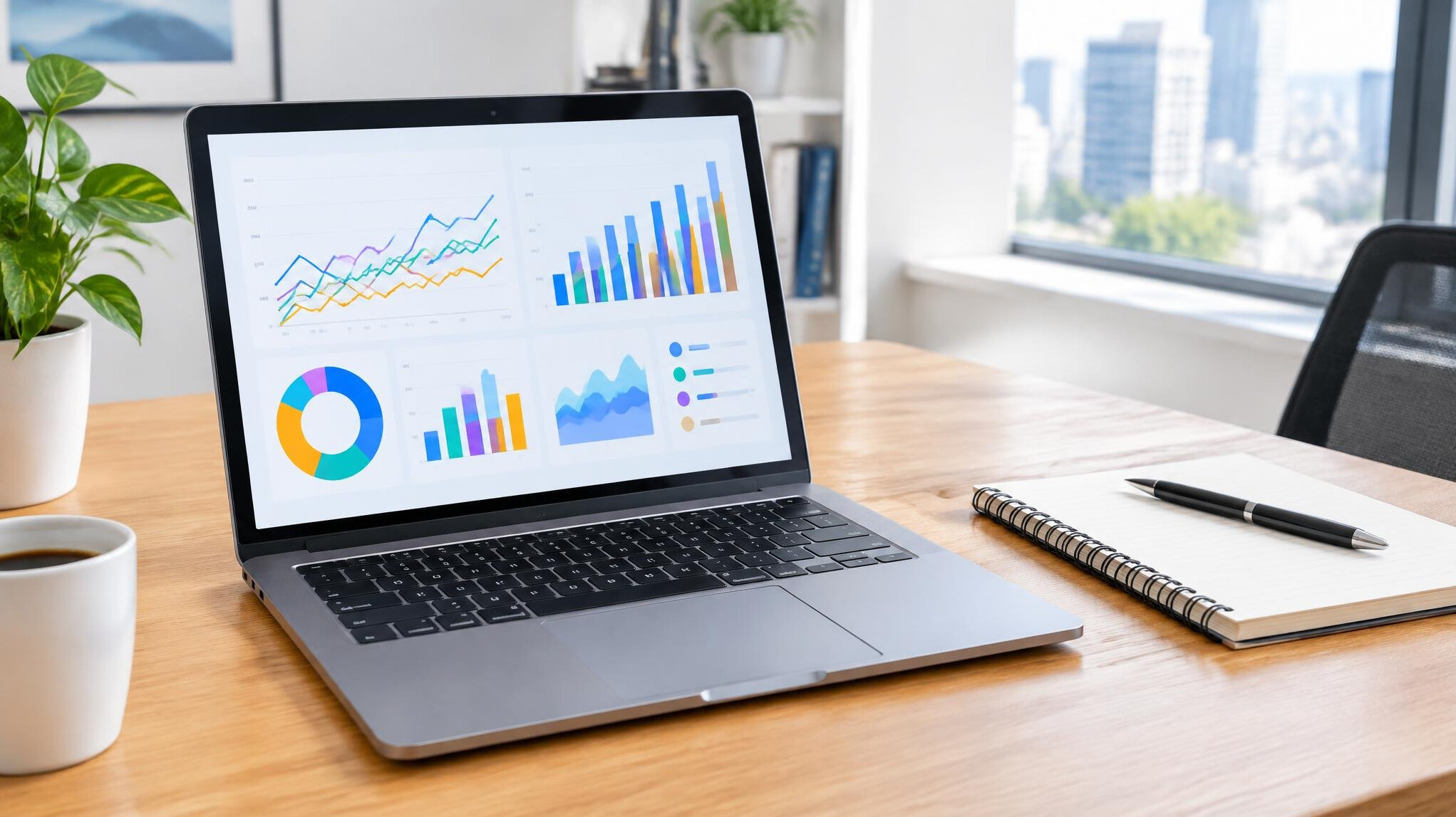 Laptop showing analytics charts on a desk