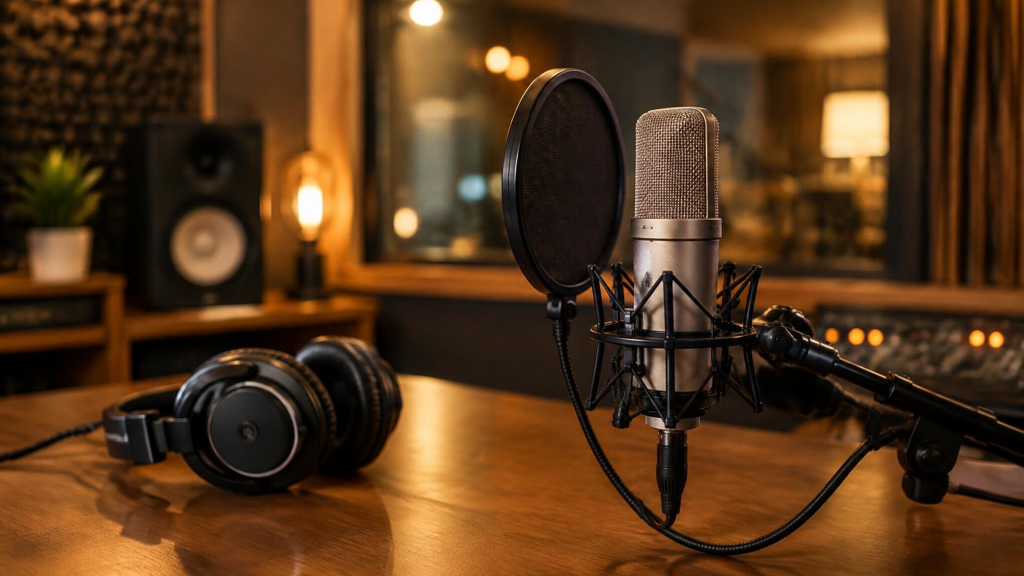 Podcast recording studio with microphone and headphones