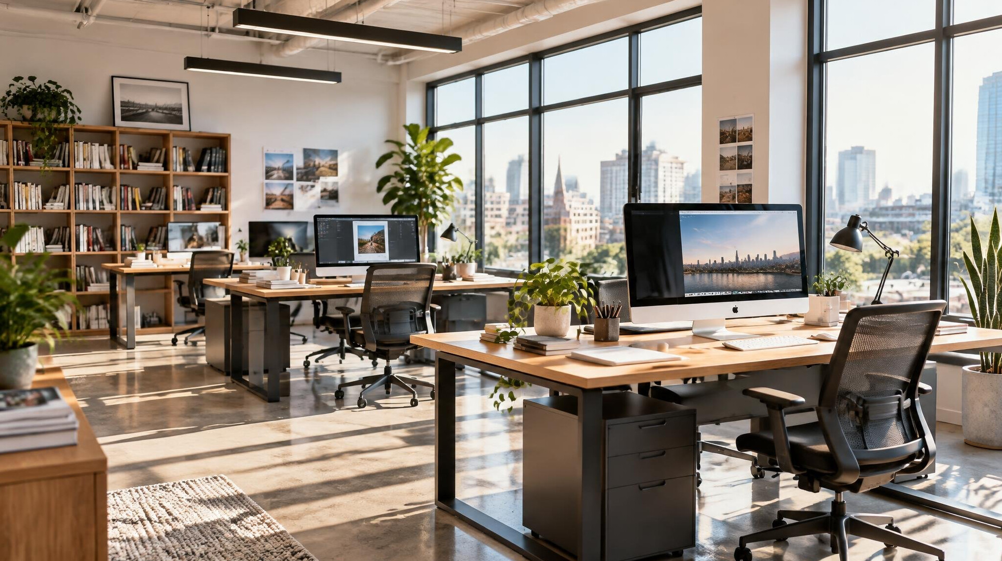 Bright modern office with desks and large windows